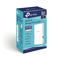 Proširivač dometa TP LINK AX1800 Wi-Fi 6/ 2,4 GHz i 5 GHz/ 1 gigabitni Ethernet priključak/ 574 Mbps na 2,4 GHz/ 1201 Mbps na 5 GHz/ Gumb WPS/ Gumb za resetiranje/ 2 unutarnje antene
