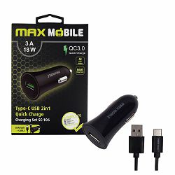 MAXMOBILE AUTO Adapter USB SC-106 QC 3.0,18W QUICK CHARGE 3A + TYPE C crni