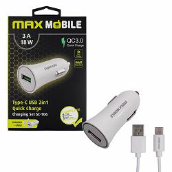 MAXMOBILE AUTO ADAPTER USB SC-106 QC 3.0,18W QUICK CHARGE 3A + TYPE C bijeli