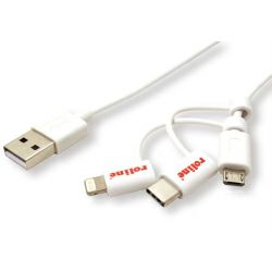 Roline USB2.0 kabel za punjenje i prijenos podataka, 8pin + MicroB + Type-C, 1.0m bijeli