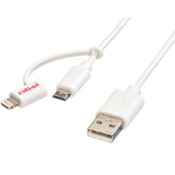 Roline USB2.0 kabel za punjenje i prijenos podataka TIP A(M) na Micro B(M) + Lightning(M),1.0m bijeli