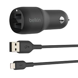 Belkin Car Charger BOOST_CHARGEa Dual USB-A 24W + USB-A to Lightning Cable - crna