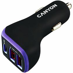 CANYON C-08, Universal 3xUSB car adapter, Input 12V-24V, Output DC USB-A 5V/2.4A(Max) + Type-C PD 18W, with Smart IC crna+Purple with rubber coating, 71*39*26.2mm, 0.028kg
