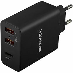 CANYON H-08 Universal 3xUSB AC charger (in wall) with over-voltage protection(1 USB-C with PD Quick Charger), Input 100V-240V, Output USB-A/5V-2.4A+USB-C/PD30W, with Smart IC crna Glossy Color+orang