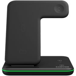 CANYON WS-303 3in1 Wireless charger, with touch button for Running water light, Input 9V/2A, 12V/2A, Output 15W/10W/7.5W/5W, Type c to USB-A cable length 1.2m, 137*103*140mm, 0.195Kg crna