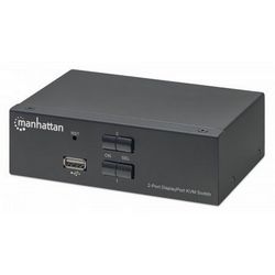 Prekidač za DisplayPort 1.2 KVM MANHATTAN 2-Port, 4K@60Hz (Crna, USB-A, 3.5mm Audio/Mic veze, Uključeni kablovi, Podrška za zvuk, Kontrola 2 računala s jednim PC/mišem/ekranom, Napajanje putem USB-a)