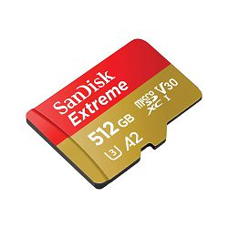 Memorijska kartica Micro SDXC Extreme SanDisk 512 GB + SD adapter (brzina čitanja: 190 MB/s, brzina pisanja: 130 MB/s, A2, C10, V30, UHS-I, U3)