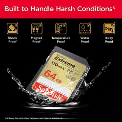 Memorijska kartica SDXC Extreme SanDisk 64 GB + 1 godina RescuePRO Deluxe (brzina čitanja: do 170 MB/s, brzina pisanja: do 80 MB/s, UHS-I, Class 10, U3, V30)
