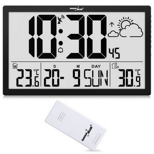 GreenBlue GB218 Extra Large LCD Wall Clock with Weather Station Temperature and Date Display