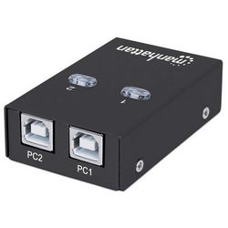Manhattan USB-A Automatic Sharing Switch, 2x USB-B Ports, 480 Mbps (USB 2.0), Dual Control (Auto-Sensing or Manual), Bus Powered, Hi-Speed USB, inc 1x 1.5m USB-A to USB-B cable, Black, Three Year Warr