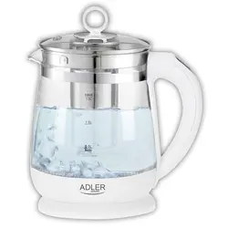 Električni čajnik ADLER AD 1299 (bijeli, staklo/nehrđajući čelik, 2200 W, 1.5 L, rotirajuća baza 360°)