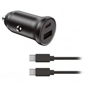 Auto punjač KSIX, USB-A i USB-C + kabel, PD 20W, 1m, ultra brzi crni