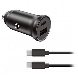 Auto punjač KSIX, USB-A i USB-C + kabel, PD 20W, 1m, ultra brzi crni