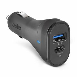 Auto punjač SBS 12/24V, USB Type-C+USB 2,1A crni