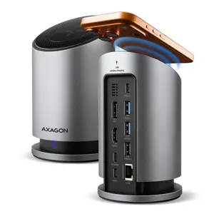 Axagon HMC-WL9 USB 10Gbps hub with Qi, 3x USB-A, USB-C, HDMI & DP 4k/60Hz, RJ-45, PD 100W