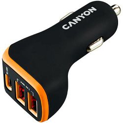 CANYON Universal 3xUSB car adapter, Input 12V-24V, Output DC USB-A 5V/2.4A(Max) + Type-C PD 18W, with Smart IC crna+Orange with rubber coating, 71*39*26.2mm, 0.028kg
