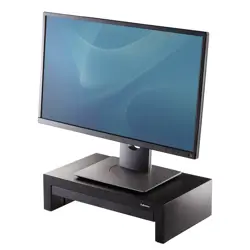 Fellowes Computer Monitor Stand with 3 Height Adjustments - Designer Suites Monitor Riser with Storage Tray - Ergonomic Adjustable Monitor Stand for Computers - Max Weight 18KG/Max Size 21" - Black/Pe