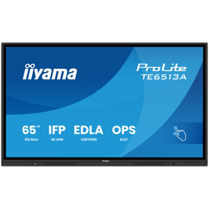 IIYAMA LFD Interactive TE6513A-B1AG Thin bezel 4K 450 cd/m PureTouch-IR 40, 10pt writing  200Hz Scan rate iiWare 21E (Android 14 OS) Google EDLA, iiControl (DMS), WhiteBoard, web browser
