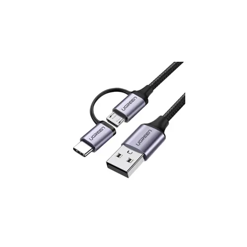 Kabel UGREEN, USB 2.0 A (M) na Micro USB + USB-C (M), 3A, crni, 1m