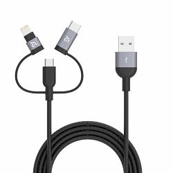 Kabel za mobitel ADAM PEAK II TRIO, 3-IN1, 120CM, pleteni sivi