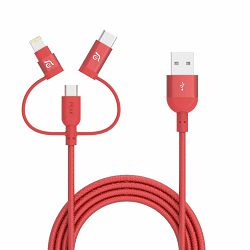 Kabel za mobitel ADAM PEAK II TRIO, 3-IN1, 120CM, pleteni crveni