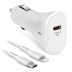 Komplet auto punjač SBS USB 2,1A, Type-C PD 20W+Lightning-Type-C kabel bijeli