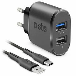 Komplet zidnog punjača SBS 2xUSB-A, 2.1A+odvojivi USB Type-C kabel crni