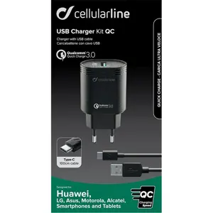 Kućni punjač za mobitel s kablom CELLULARLINE USB C 3A / 18W crni