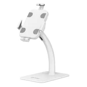 Manhattan Desktop Kiosk Stand (Anti theft) for Tablet and iPad, Universal, 360° Rotation, Tilt +20° to -110°, White, Lockable, Countertop Holder for 7.9" to 11" Tablets, Extendable clamps: height 200 