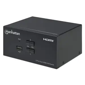 Manhattan HDMI KVM Switch 2-Port, 4K@30Hz, USB-A/3.5mm Audio/Mic Connections, Cables included, Audio Support, Control 2x computers from one pc/mouse/screen, USB Powered, Black, Three Year Warranty, Bo