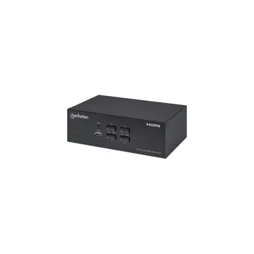 Manhattan HDMI KVM Switch 4-Port, 4K@30Hz, USB-A/3.5mm Audio/Mic Connections, Cables included, Audio Support, Control 4x computers from one pc/mouse/screen, USB Powered, Black, Three Year Warranty, Bo