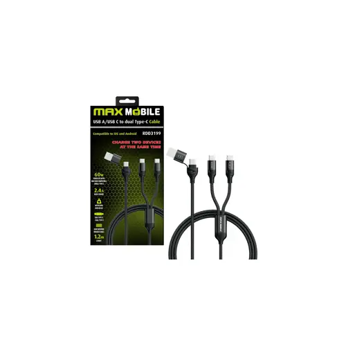 MAXMOBILE DATA KABEL USB/TYPE C - DUAL TYPE C RDD3199 BLACK 2.4A 60W 1.2m