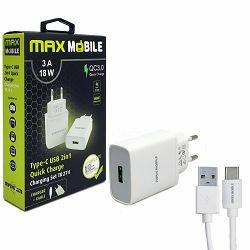 Kućni punjač MAXMOBILE SET 2U1 QC 3.0 QUICK CHARGE USB+ TYPE C, 3A,18W bijeli