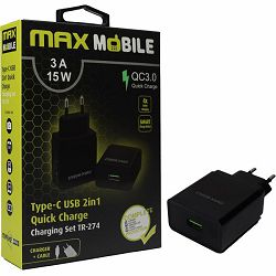 MAXMOBILE KUĆNI PUNJAČ SET 2U1 QC 3.0 QUICK CHARGE USB+ TYPE C, 3A,18W crni