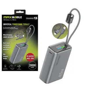 MAXMOBILE POWER BANK T205ALP 20000mAh 45W PD, 2xType-C+Lightning,Sivi