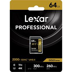 Memorijska kartica LEXAR 64GB Professional 2000x SDHC™ UHS-II cards, up to 300MB/s read 260MB/s write C10 V90 U3
