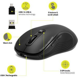 Port miš ESSENTIEL WL+BT, USB-C, punjivi, crni