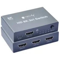 Prekidač HDMI s 3 priključka TECHLY 3-Port HDMI 2.1 8K*60Hz 3x1 (s daljinskim upravljačem, 8K*60Hz)
