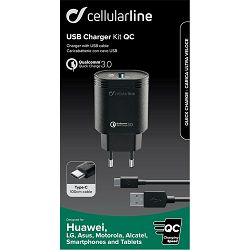 Kućni punjač za mobitel s kablom CELLULARLINE USB C 3A / 18W crni