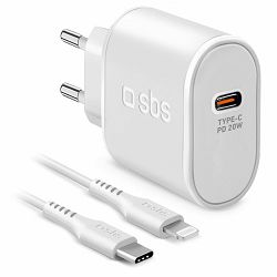 Punjač za mobitel SBS 1xUSB Type-C, PD 20W+Lightning na Type-C kabel bijeli