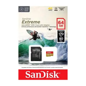 SanDisk Extreme microSDXC 64GB for Action Cams and Drones + SD Adapter 170MB/s &amp; 80MB/s A2 C10 V30 UHS-I U3