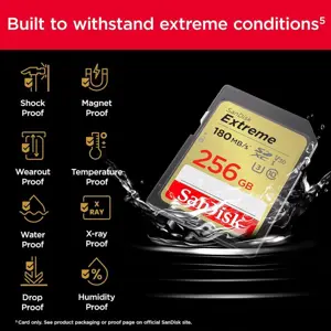 SanDisk Extreme PLUS 256GB SDHC Memory Card 180MB/s and 130MB/s read/write, UHS-I, Class 1