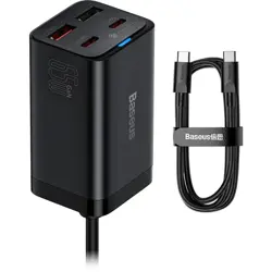 Strujni punjač BASEUS GaN3 Pro, 65W Fast Charging, 2xUSB-C, 2xUSB-A, USB-C na USB-C kabel, crni