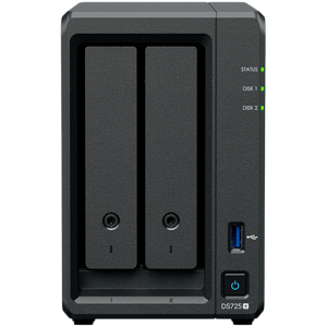 Synology DS725+, Tower, 2-Bays 3.5 SATA HDD/SSD, 2 x M.2 2280 NVMe SSD, CPU AMD Ryzen R1600 dual-core (4-thread), max. boost up to 3.1 GHz, 4 GB DDR4 ECC SODIMM, 1 x 2.5 GbE, 1 x 1GbE, 1 x USB 3.2, 