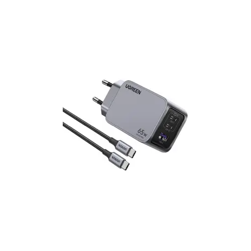 UGREEN Nexode Pro, 65W, 2x USB-C, USB-A, USB-C kabel, GaN, sivi