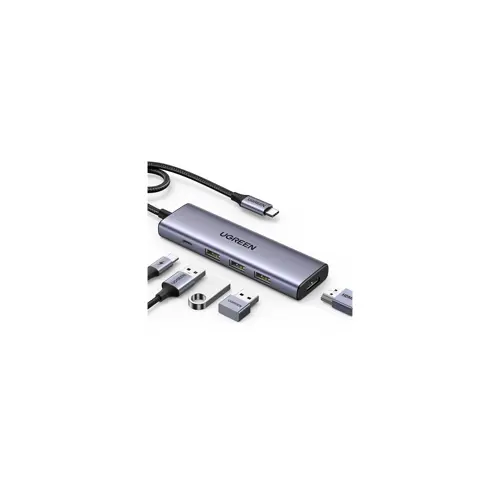 USB HUB UGREEN 5u1, USB-C, 3-portni, 3x USB-A, USB-C Power Delivery, HDMI 4K@30fps, sivi